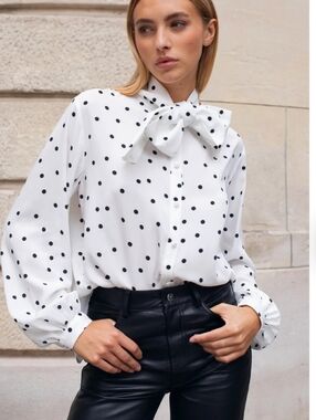 Rosae Paris Black Polka Dot Tie-Neck Blouse